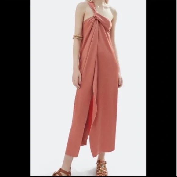 Nanushka Zena Tunic Dress size Large Salmon One Shoulder Satin Maxi Sleeveless - Picture 1 of 5